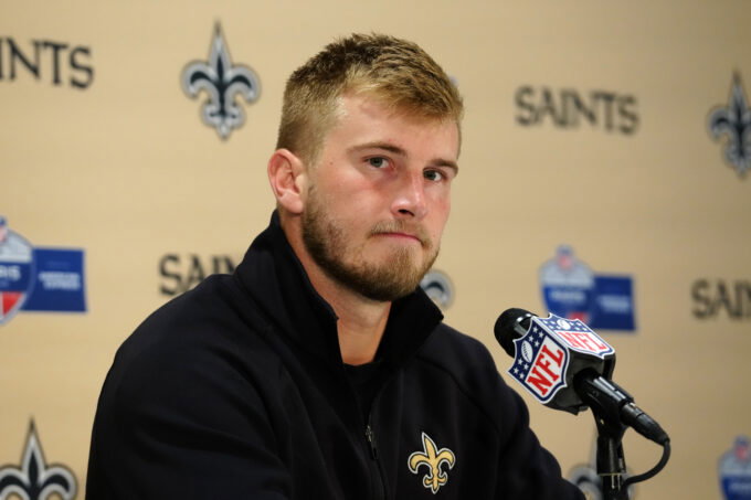 Oct 25, 2026; Paris, FRA; New Orleans Saints quarterback Tyler Shough (6) at press conference after the 2026 NFL Paris Game against the Pittsburgh Steelers at Stade de France. Mandatory Credit: Kirby Lee-Imagn Images