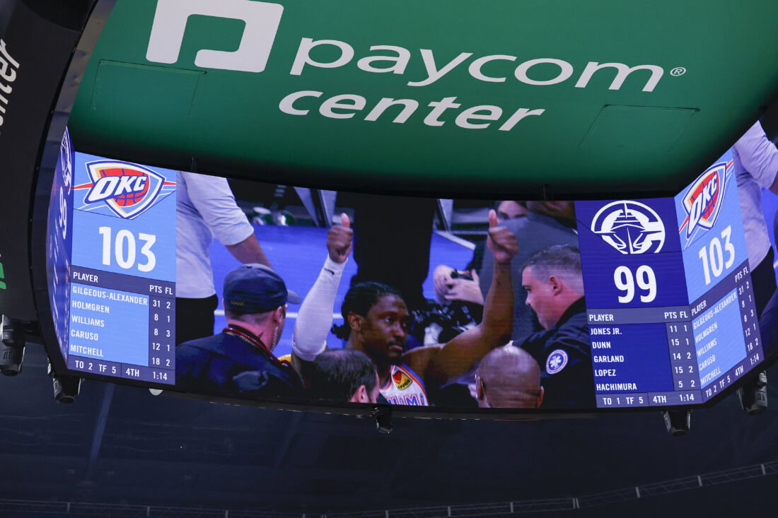 Oct 25, 2026; Oklahoma City, Oklahoma, USA; A view of the video board showing Oklahoma City Thunder guard Jalen Williams (8) giving the thumbs up after getting injured and being taken away on a stretcher on a play against the Los Angeles Clippers in the fourth quarter at Paycom Center. Mandatory Credit: Alonzo Adams-Imagn Images