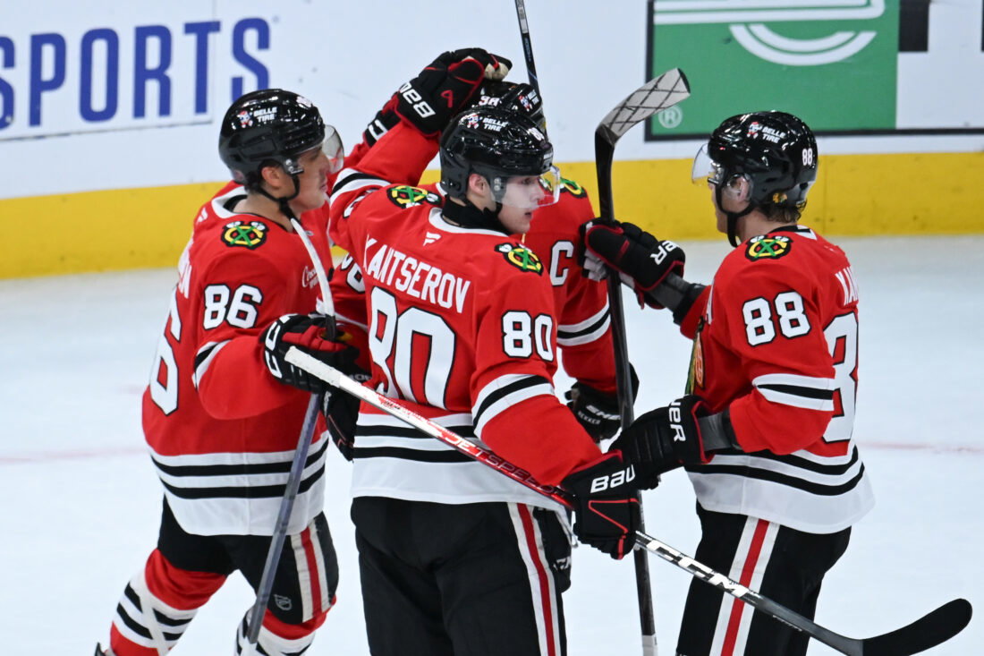 Oct 27, 2026; Chicago, Illinois, USA; Chicago Blackhawks right wing Roman Kantserov (80) celebrates with teammates after he scores a goal against the Los Angeles Kings during the second period at United Center. Mandatory Credit: Matt Marton-Imagn Images