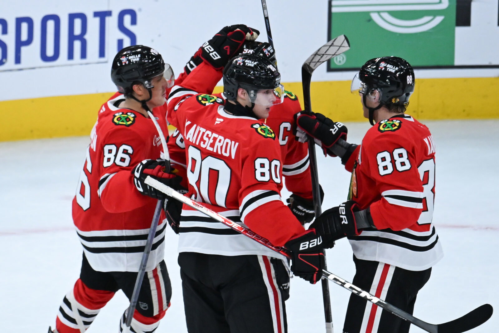 Oct 27, 2026; Chicago, Illinois, USA; Chicago Blackhawks right wing Roman Kantserov (80) celebrates with teammates after he scores a goal against the Los Angeles Kings during the second period at United Center. Mandatory Credit: Matt Marton-Imagn Images