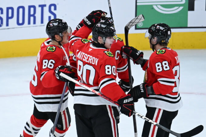 Oct 27, 2026; Chicago, Illinois, USA; Chicago Blackhawks right wing Roman Kantserov (80) celebrates with teammates after he scores a goal against the Los Angeles Kings during the second period at United Center. Mandatory Credit: Matt Marton-Imagn Images