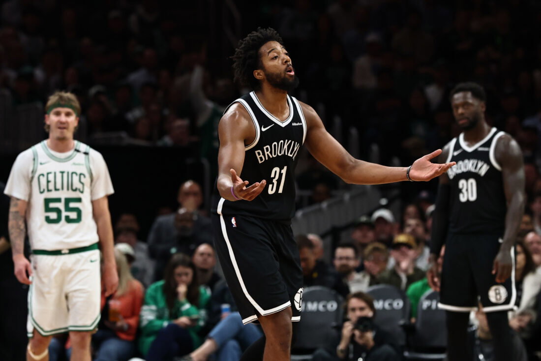 Oct 27, 2026; Boston, Massachusetts, USA; Brooklyn Nets forward Chaney Johnson (31) reacts to being called for a foul during the second half of their overtime loss to the Boston Celtics at TD Garden. Mandatory Credit: Winslow Townson-Imagn Images