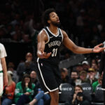 Oct 27, 2026; Boston, Massachusetts, USA; Brooklyn Nets forward Chaney Johnson (31) reacts to being called for a foul during the second half of their overtime loss to the Boston Celtics at TD Garden. Mandatory Credit: Winslow Townson-Imagn Images