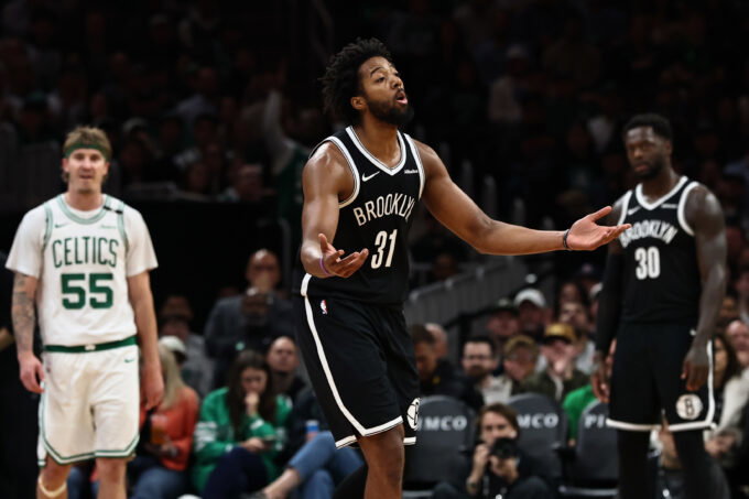 Oct 27, 2026; Boston, Massachusetts, USA; Brooklyn Nets forward Chaney Johnson (31) reacts to being called for a foul during the second half of their overtime loss to the Boston Celtics at TD Garden. Mandatory Credit: Winslow Townson-Imagn Images