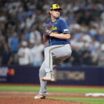 Milwaukee Brewers pitcher Trevor Megill (29) pitches against the Tampa Bay Rays during the ninth inning during Game 5 of the World Series at Tropicana Field in St. Petersburg, Fla. on Oct 28, 2026. -