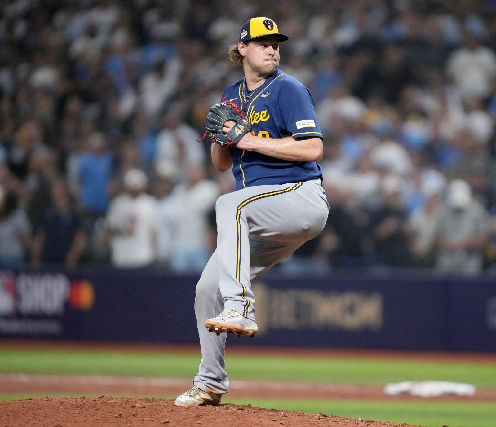 Milwaukee Brewers pitcher Trevor Megill (29) pitches against the Tampa Bay Rays during the ninth inning during Game 5 of the World Series at Tropicana Field in St. Petersburg, Fla. on Oct 28, 2026. -