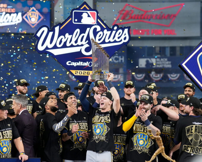 Milwaukee Brewers celebrate with the Commissioner's Trophy during the Awards Ceremony after defeating the Tampa Bay Rays to win the 2026 World Series at Tropicana Field in St. Petersburg, Fla. on Oct 28, 2026.